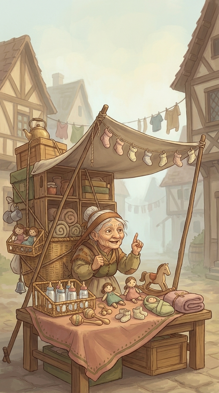 A traveling merchant at her market stall, selling her wares