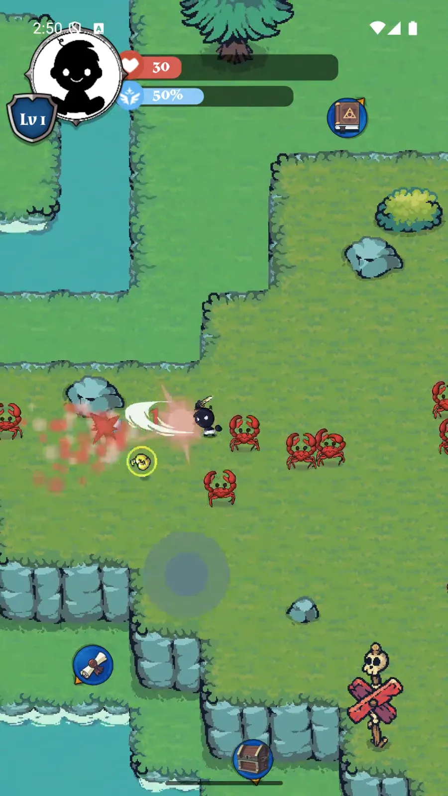 Top-down pixel-art combat against monsters