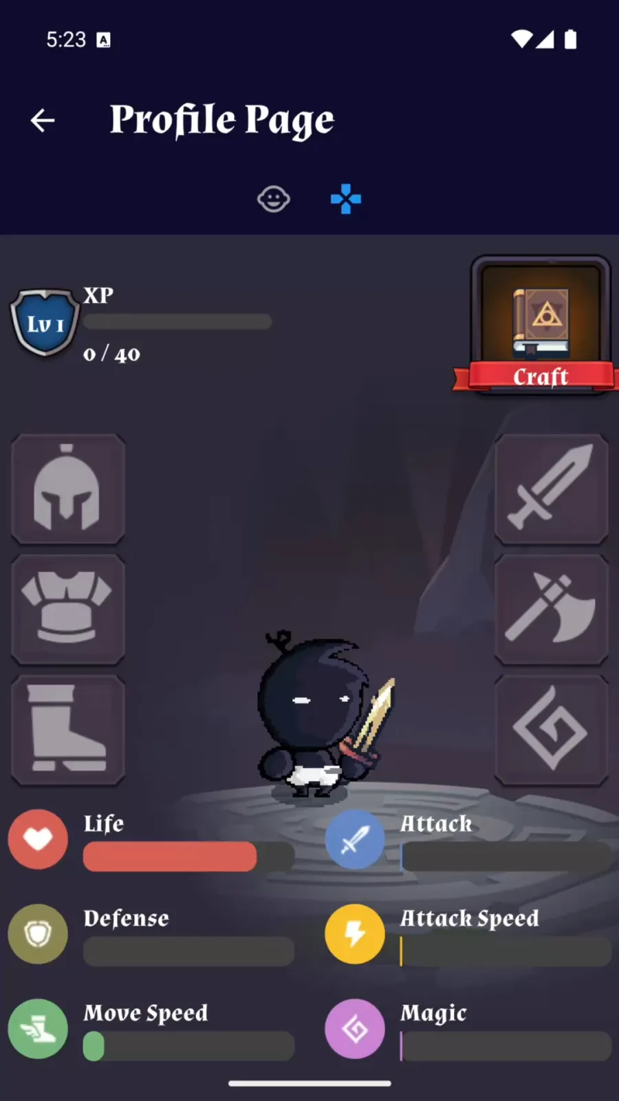 Character stats and crafting screen